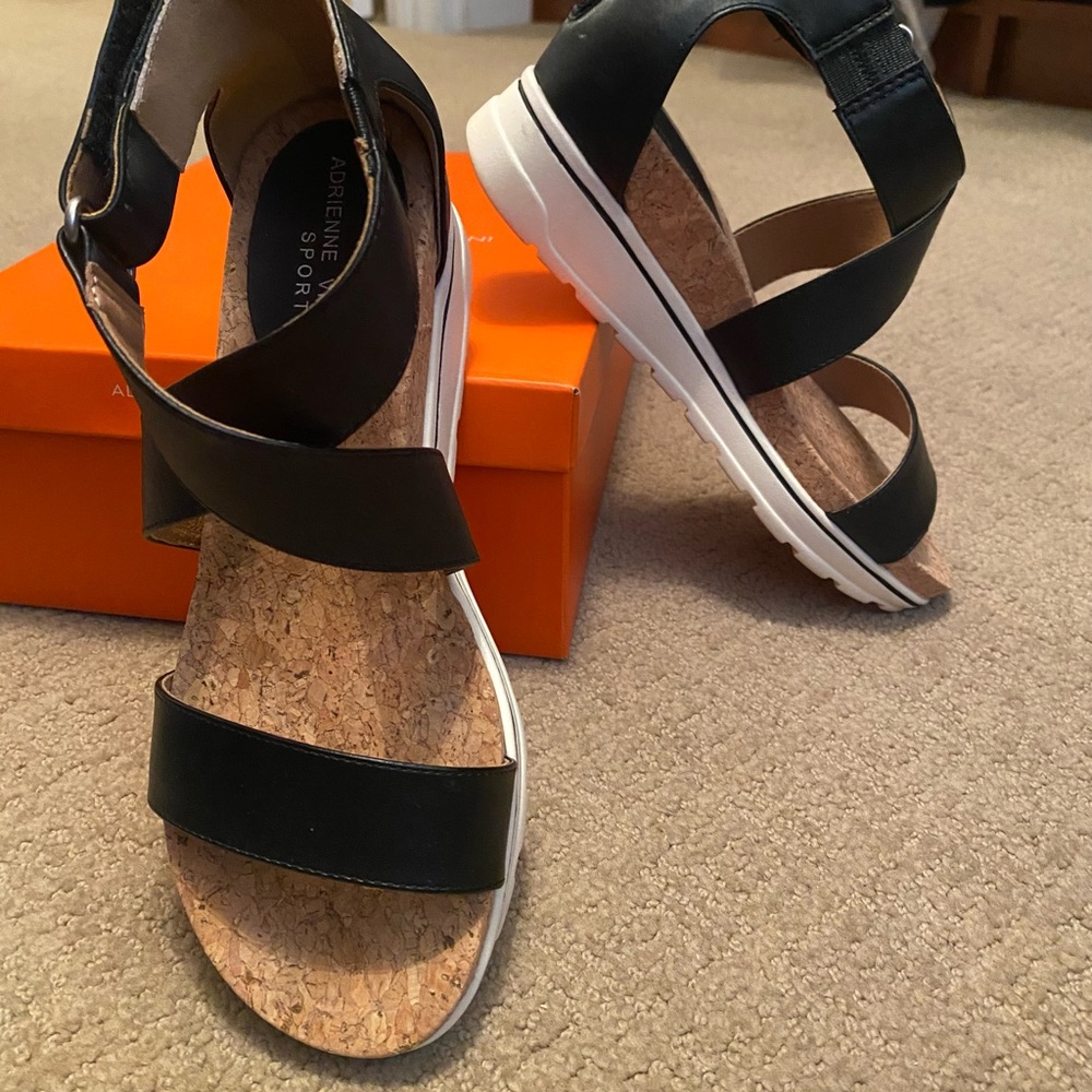 Adrienne Vittadini black sandals. Size 8 Easy back zipper.  Velcro ankle strap.